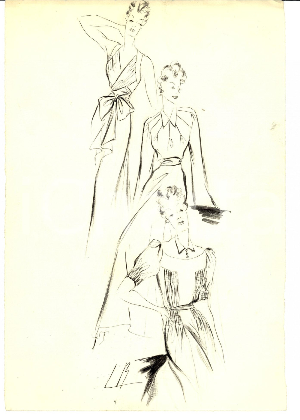 Stampa, bozzetto originale 1939 Moda donna ANNI  30 Abiti da giorno e da sera Bozzetto AUTOGRAFO 1 1