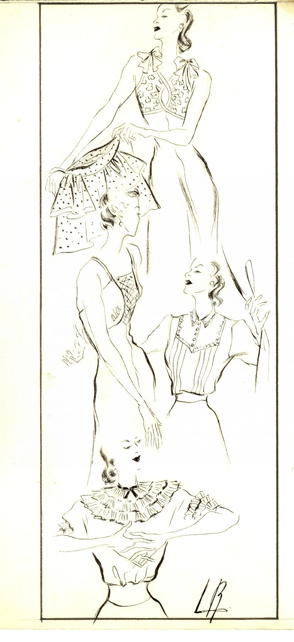 Stampa, bozzetto originale 1939 Moda donna ANNI  30  Bozzetto per corpetti AUTOGRAFO 1