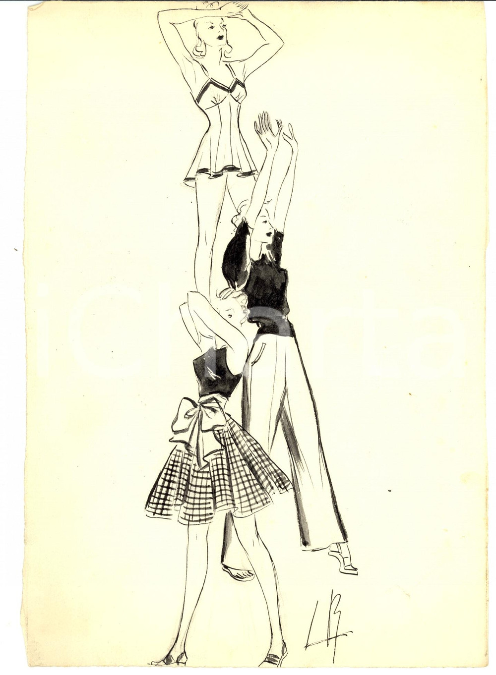 Stampa, bozzetto originale 1939 Moda donna ANNI  30 Abiti estivi e intimo Bozzetto AUTOGRAFO 1