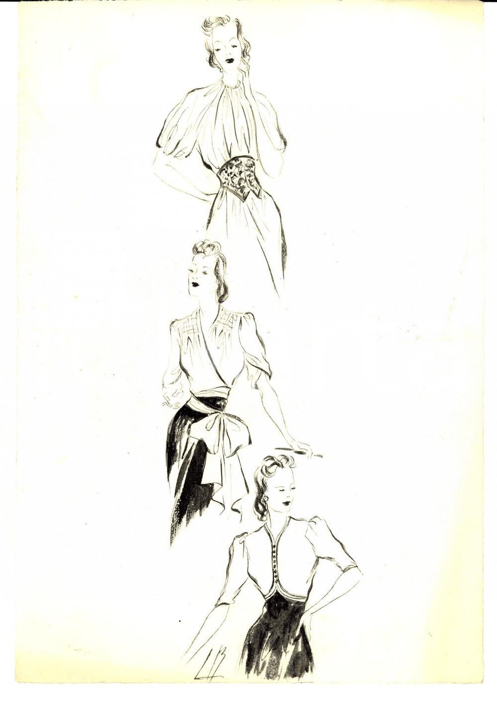 Stampa, bozzetto originale 1939 Moda donna ANNI  30 Abiti con manica a tre quarti Bozzetto AUTOGRAFO 1