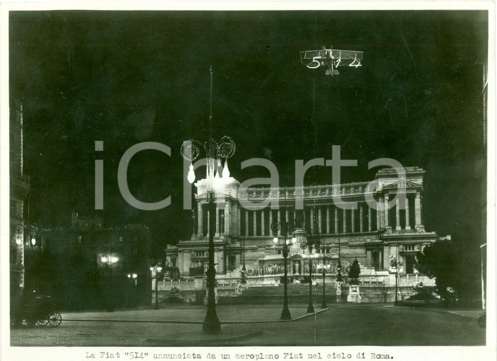 Fotografia d epoca originale 1930 ROMA Aeroplano FIAT annuncia la nuova FIAT 514 Fotografia 1