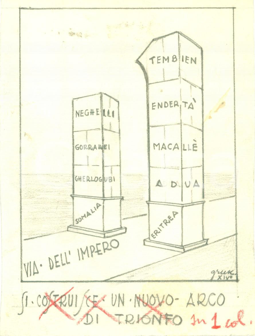 Stampa, bozzetto originale 1936 MILANO Bozzetto di Gianni RUSCONI nuovo arco di trionfo DISEGNATO A MANO 1