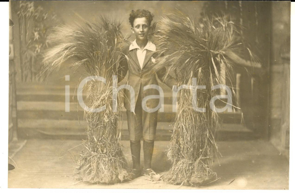 Fotografia d epoca originale 1930 ca AREA LAZIALE Ragazzo mostra i suoi covoni  BATTAGLIA DEL GRANO Foto 1