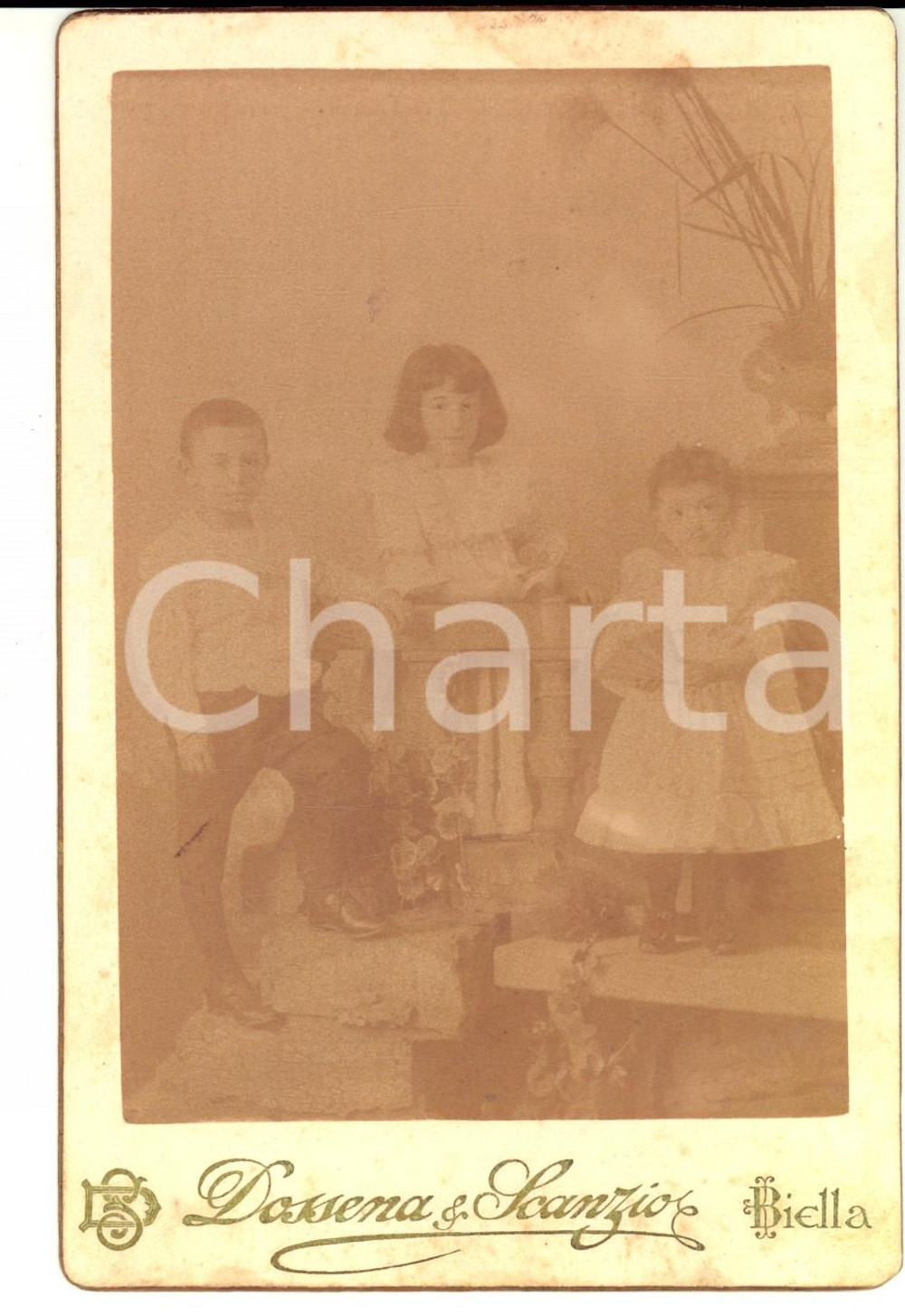 Fotografia d epoca originale 1890 ca BIELLA Ritratto di tre fratellini Fotografia DOSSENA E SCANZIO 1