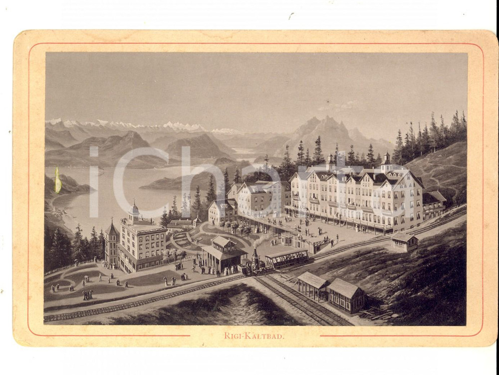 Fotografia d epoca originale 1887 RIGIKALTBAD SVIZZERA Veduta animata con ferrovia Cartealbum nÂ°4 PRELL 1