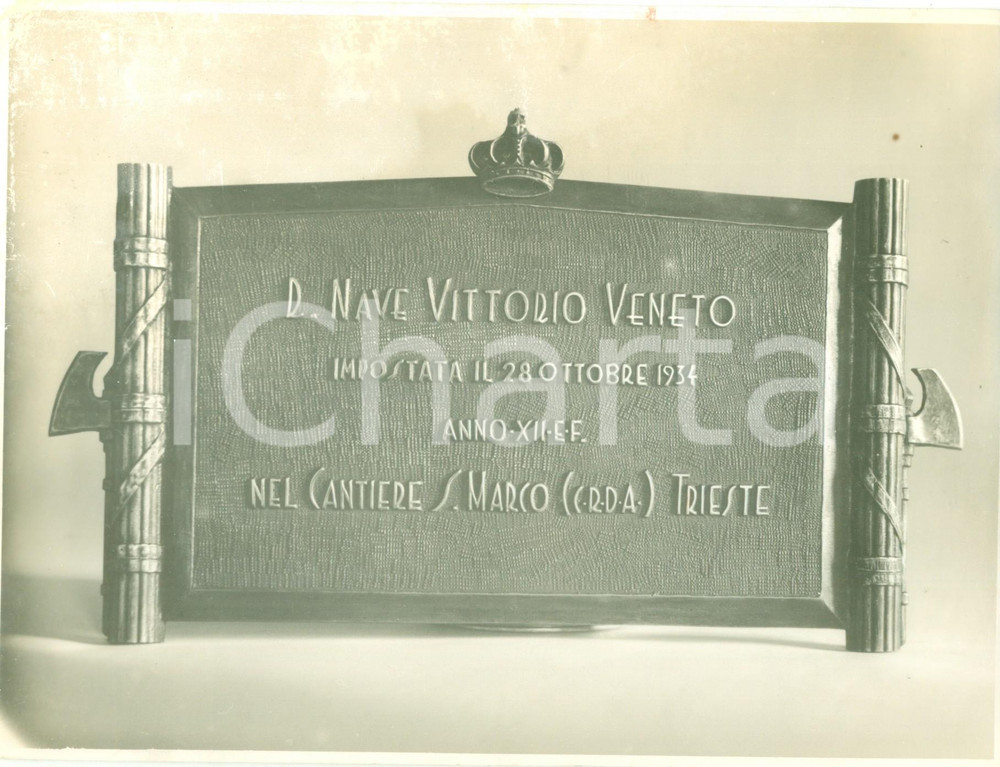 Fotografia d epoca originale 1934 TRIESTE Targa per nave VITTORIO VENETO Vera fotografia coeva 1
