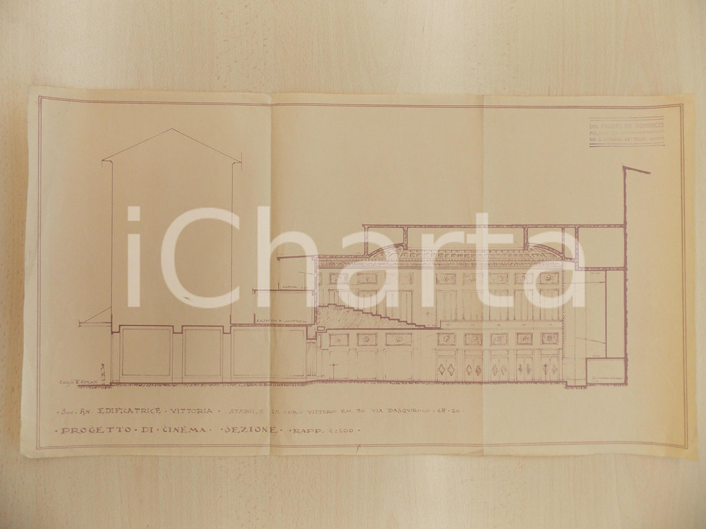 Mappa, planimetria storica 1925 MILANO Fausto DE DOMINICIS Edificatrice VITTORIA Sezione cinema SAN CARLO 1