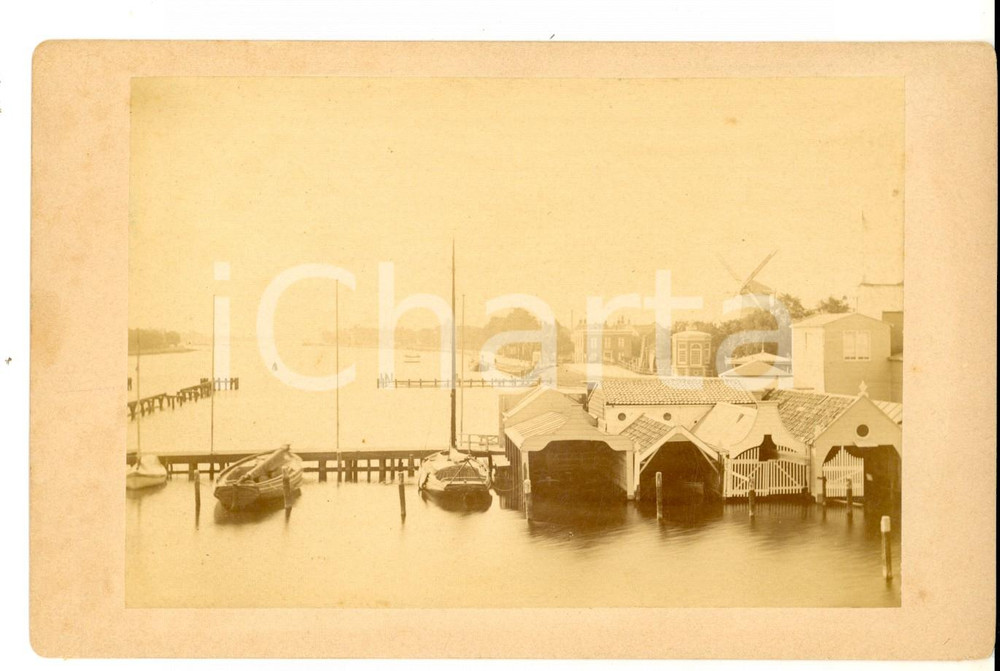 Fotografia d epoca originale 1880 ca OLANDA Veduta di un fiume con mulini a vento Foto VINTAGE 11x16 cm 1