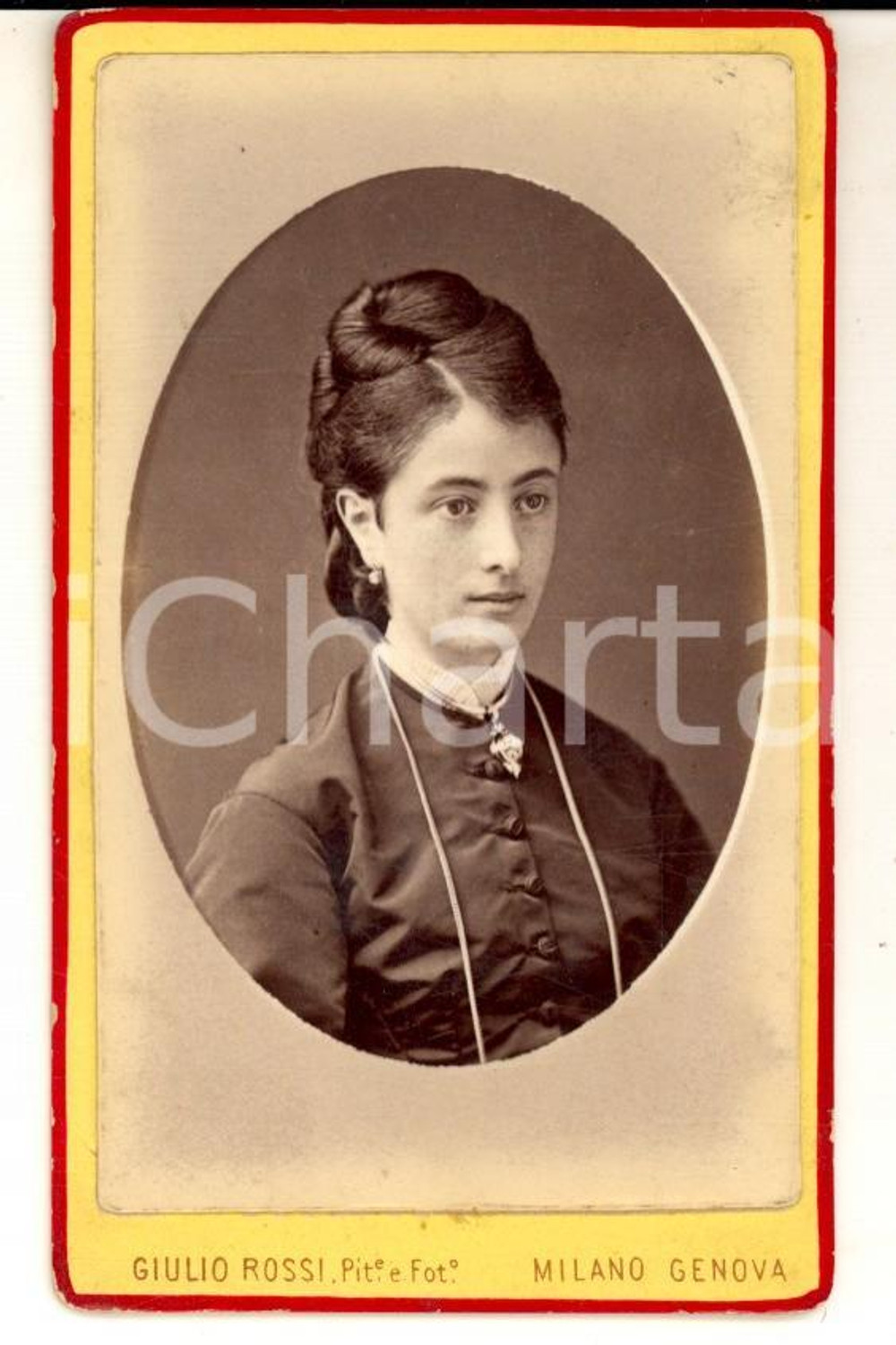 Fotografia d epoca originale 1890 ca GENOVA Ritratto di giovane donna in abito nero Foto GIULIO ROSSI CDV 1