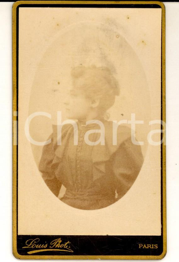 Fotografia d epoca originale 1900 ca PARIS Ritratto di donna in abito scuro Foto LOUIS Porte ST MARTIN CDV 1