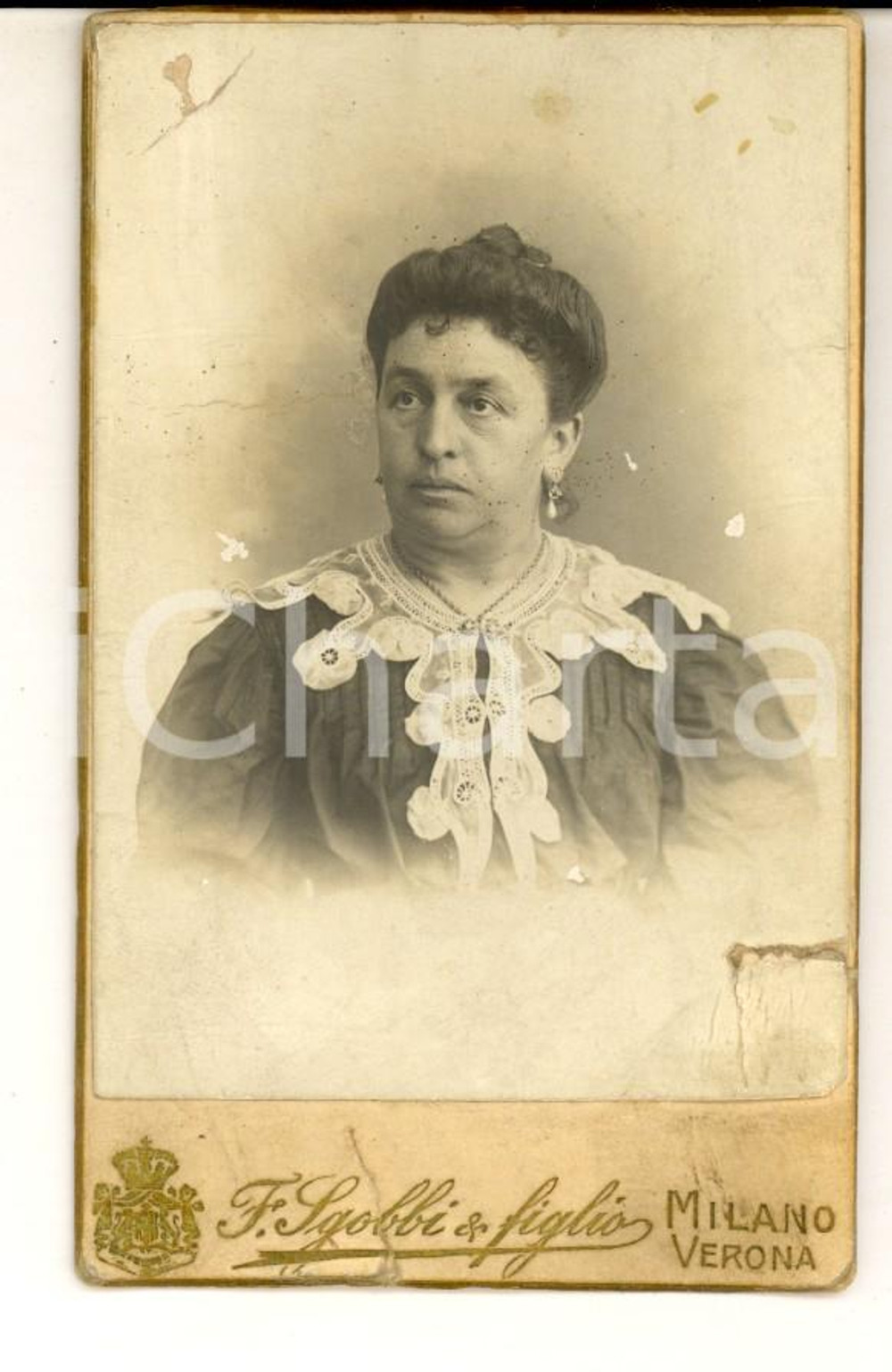 Fotografia d epoca originale 1890 ca MILANO Ritratto di donna Foto Francesco SGOBBI DANNEGGIATA CDV 1