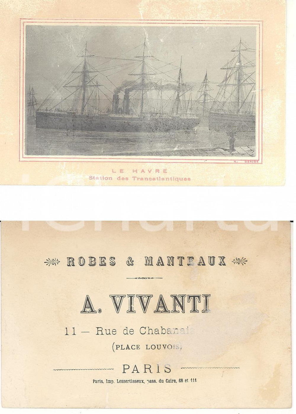 Materiale pubblicitario d’epoca 1900 ca PARIS A. VIVANTI Robes et manteaux Cartoncino PUBBLICITARIO LE HAVRE 1