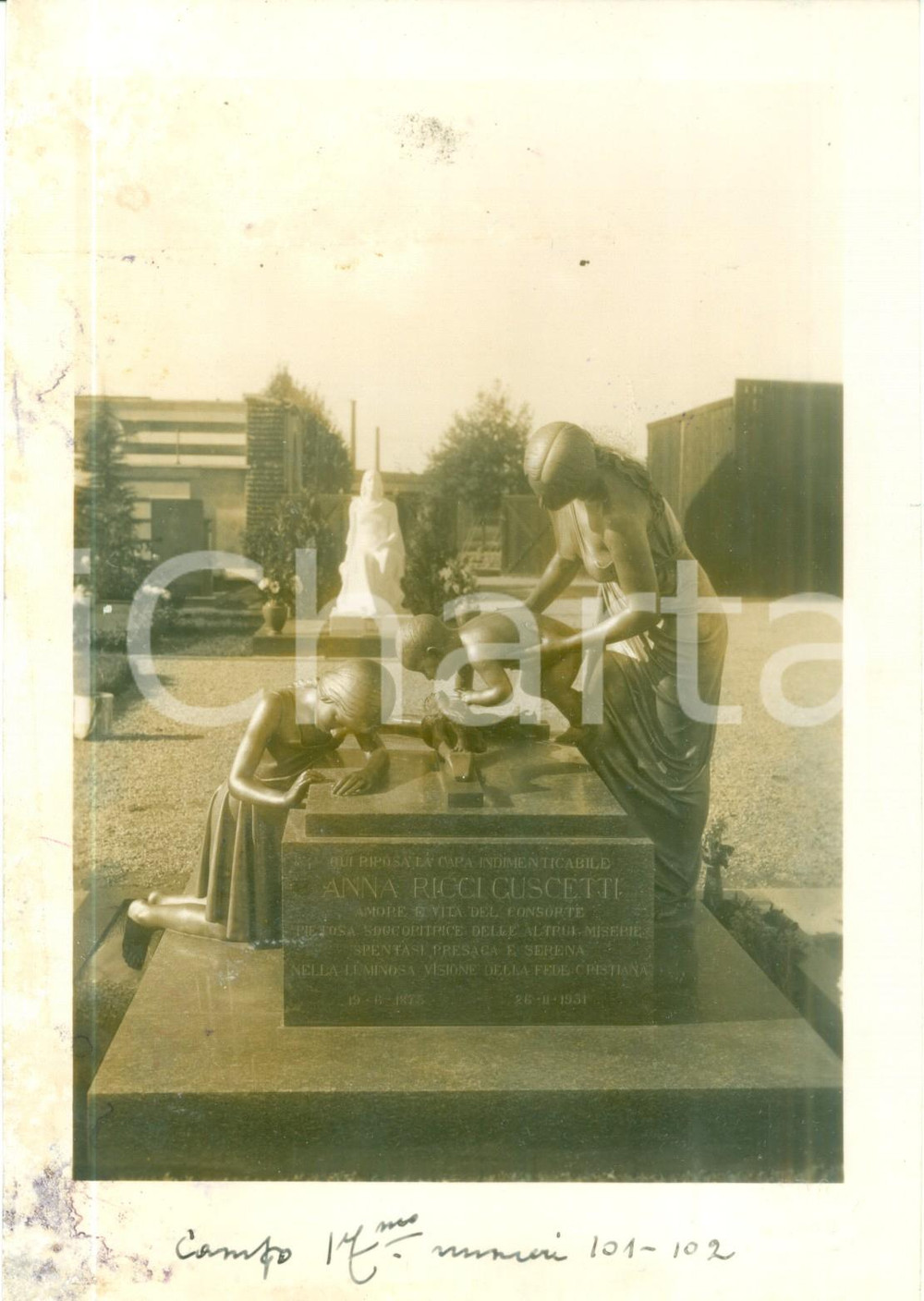 Fotografia d epoca originale 1933 MILANO CIMITERO MONUMENTALE Tomba di Anna RICCI CUSCETTI Foto DANNEGGIATA 1
