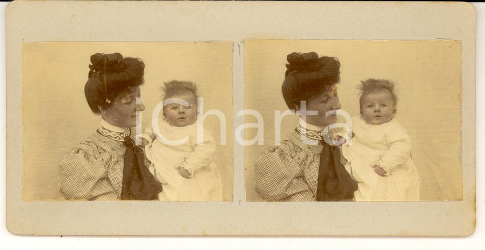 Fotografia d epoca originale 1890 ca FRANCE Ritratto di mamma con bambina spettinata Foto stereoscopica 1