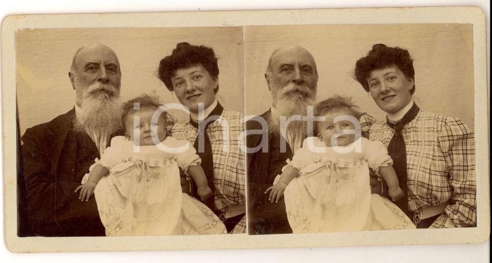 Fotografia d epoca originale 1890 FRANCE Ritratto di famiglia con infante Foto stereoscopica 1