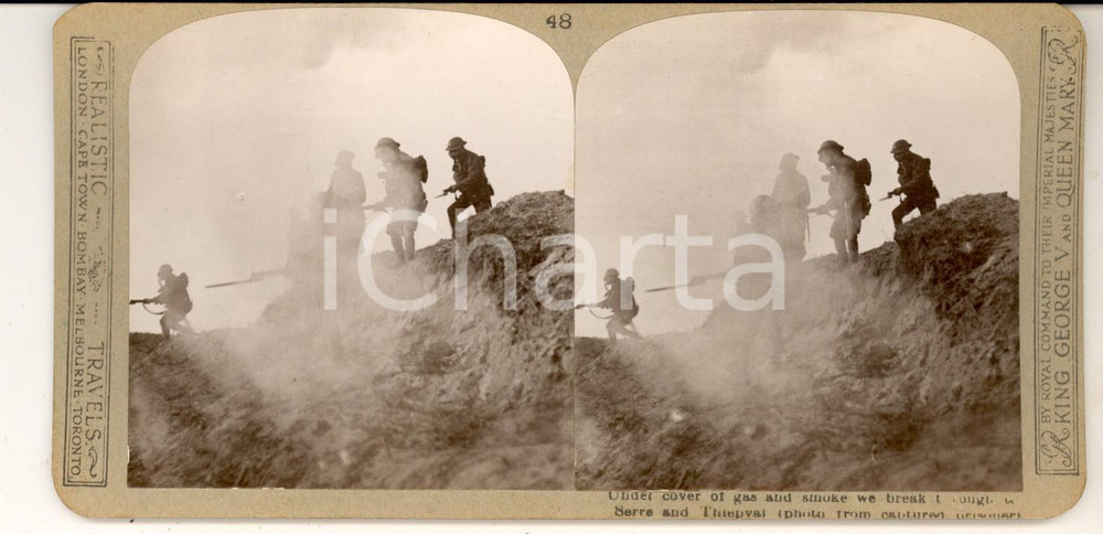 Fotografia d epoca originale 1918 WW1 THE GREAT WAR  THIEPVAL RIDGE under gas and smoke Stereoscopic nÂ°48 1