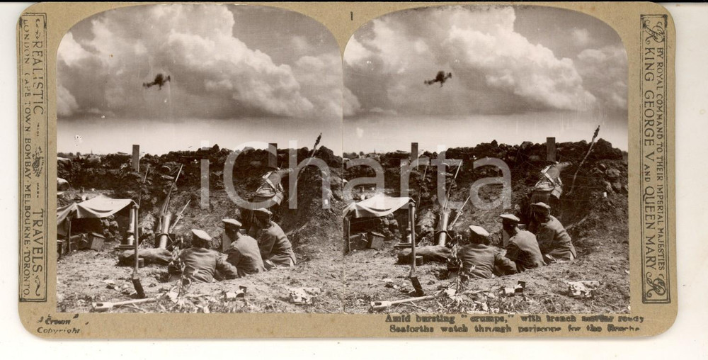 Fotografia d epoca originale 1918 WW1 GREAT WAR Amid bursting crumps with trench mortar ready  Stereoscopic 1