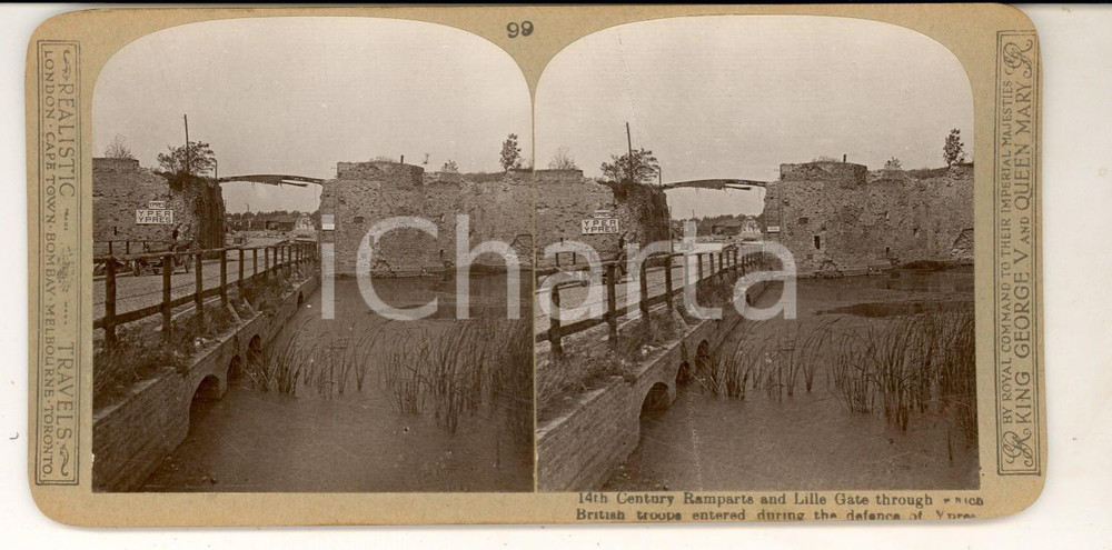 Fotografia d epoca originale 1918 WW1 THE GREAT WAR YPRES 14th century ramparts and Lille Gate Stereoscopic 1