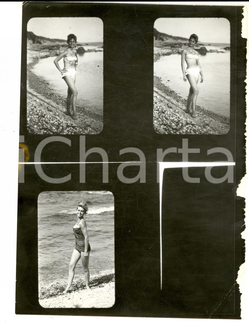Fotografia d epoca originale 1960 ca FRANCE Una soubrette sulla spiaggia Foto 3 provini COSTUME 15x20 cm 1