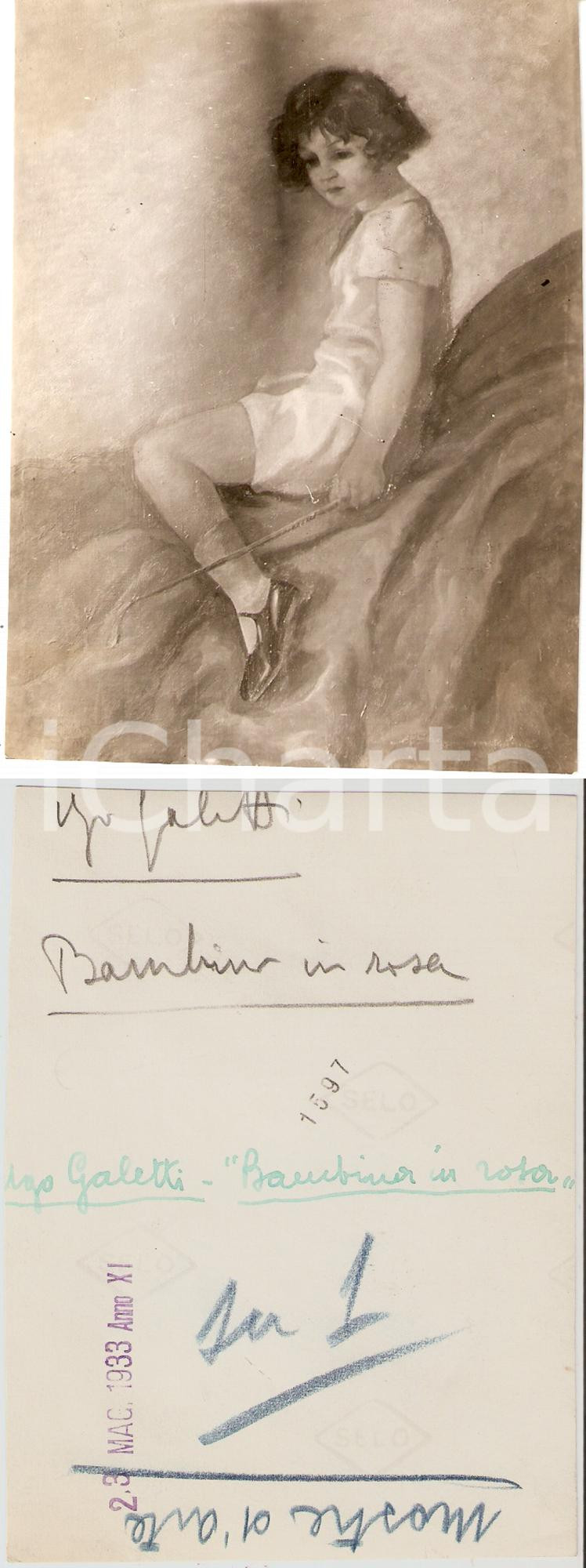Autografo originale 1933 MOSTRE D ARTE Ugo GALETTI Bambina in rosa Fotografia coeva CON AUTOGRAFO 1
