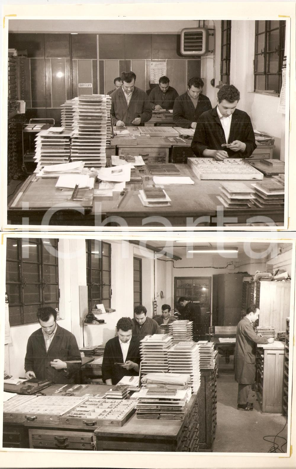 Fotografia d epoca originale 1955 ca PAVIA Tipografia Mario PONZIO Operai realizzano matrici FRONTE RETRO 1