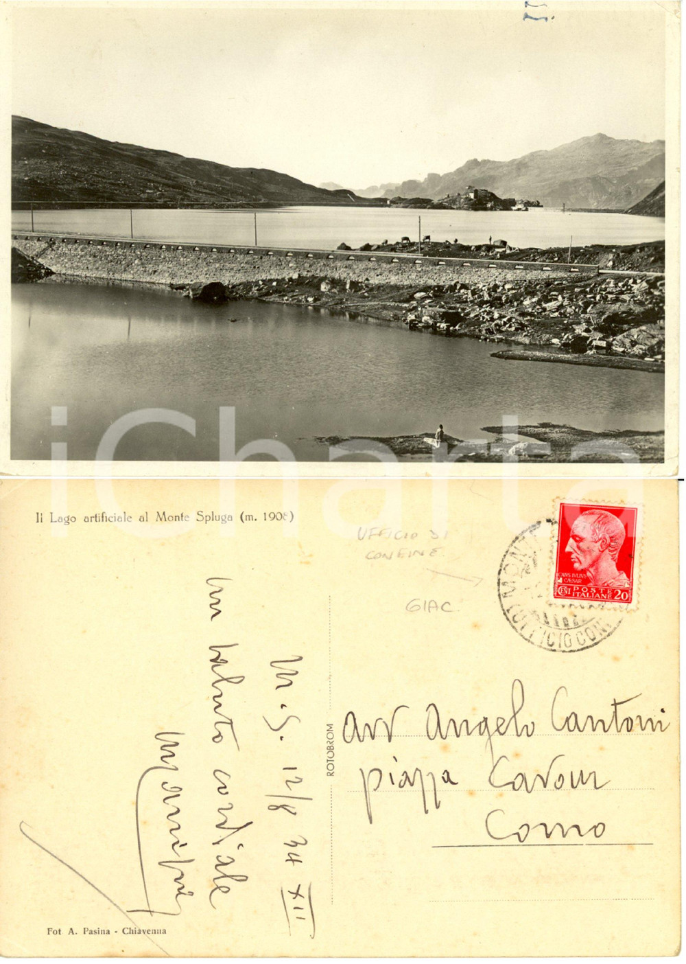 Cartolina originale da collezione 1934 STORIA POSTALE MONTESPLUGA SO Lago artificiale Annullo UFFICIO CONFINE 1