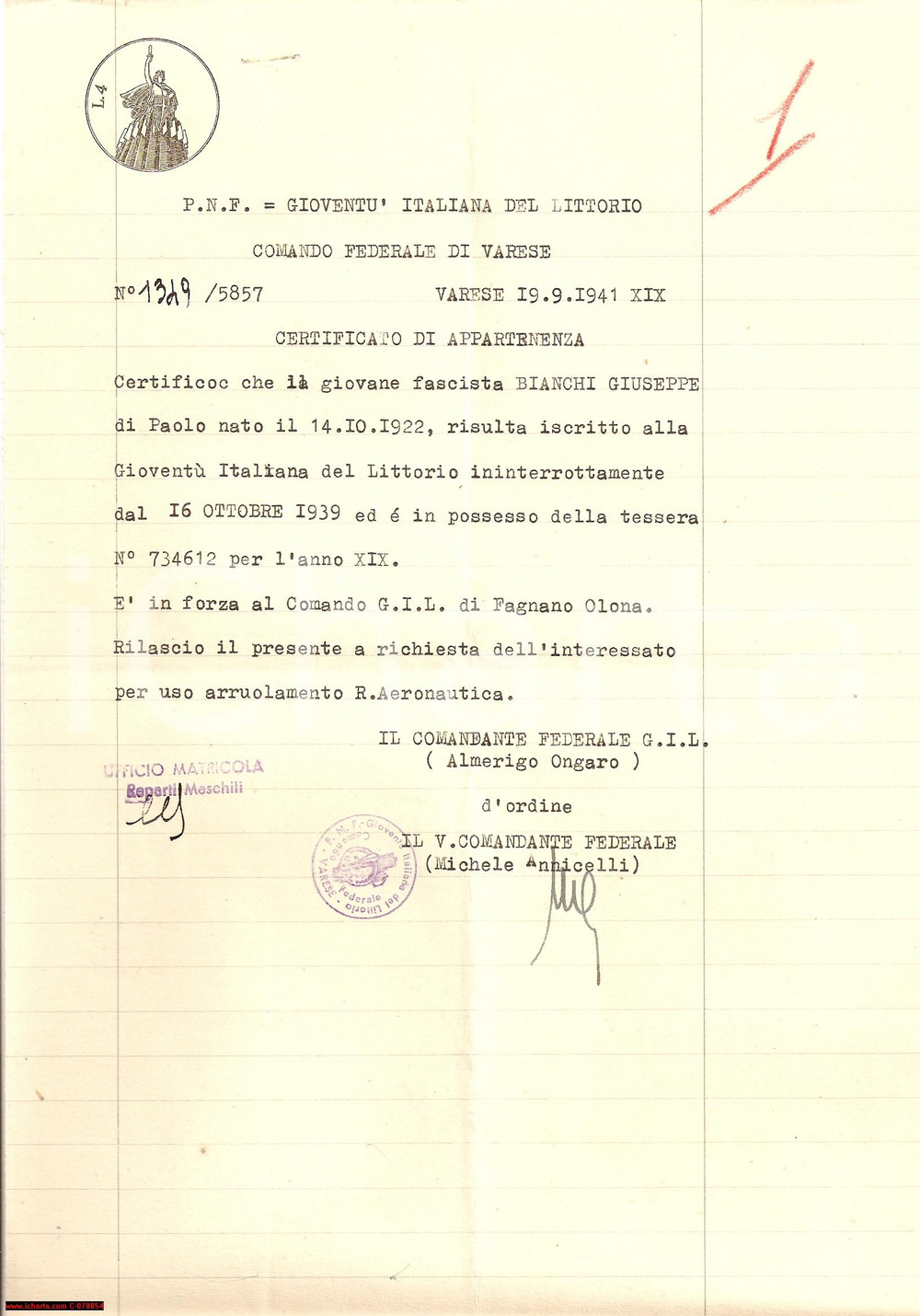Documento originale, autentico 1941 Fascismo FAGNANO OLONA VA GIL Bianchi Giuseppe 1