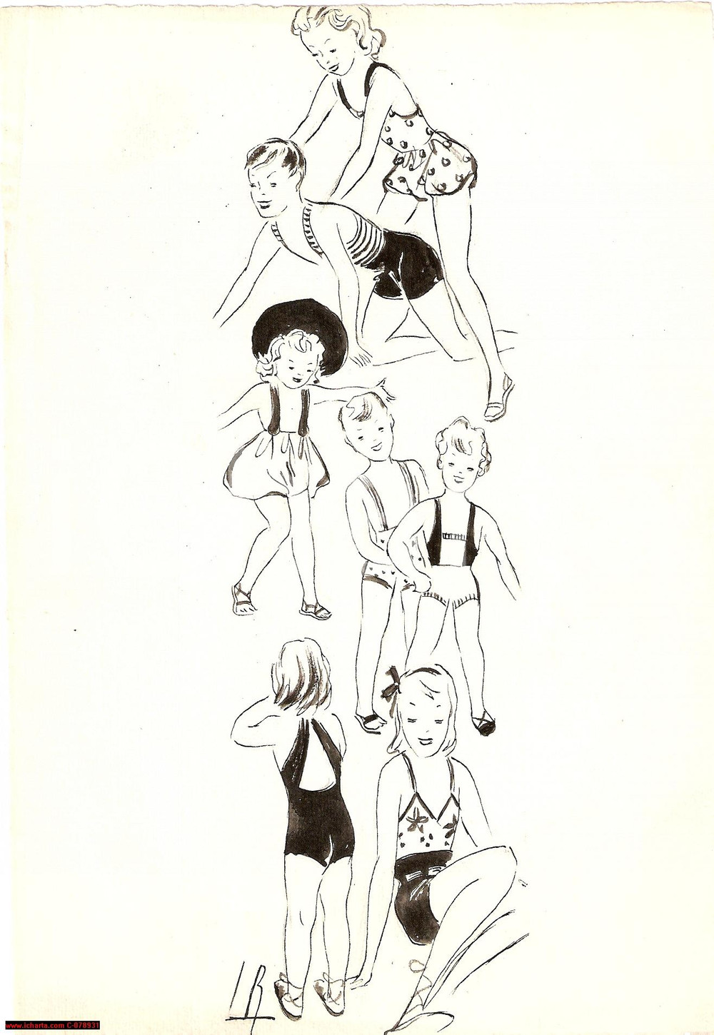 Stampa, bozzetto originale 1939 Moda BOZZETTI COSTUMI DA BAGNO PER BAMBINI origin. 1