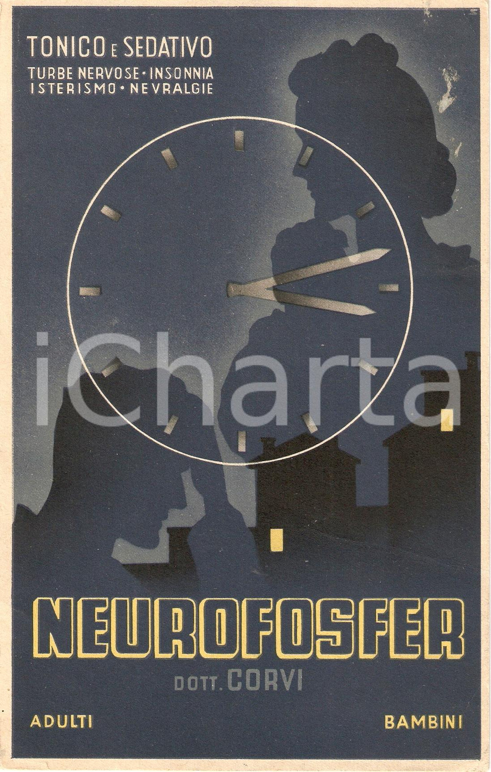 Materiale pubblicitario d’epoca 1939 PIACENZA Farmaco SICEF Sedativo NEUROFOSFER Dott. CORVI Illustrato 1