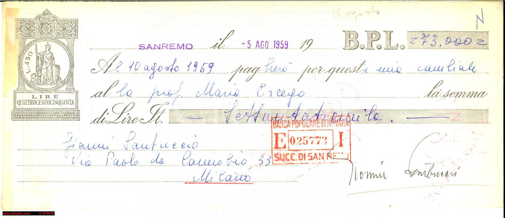 Autografo originale 1959 GIANNI SANTUCCIO attore AUTOGRAFO SU CAMBIALE 1
