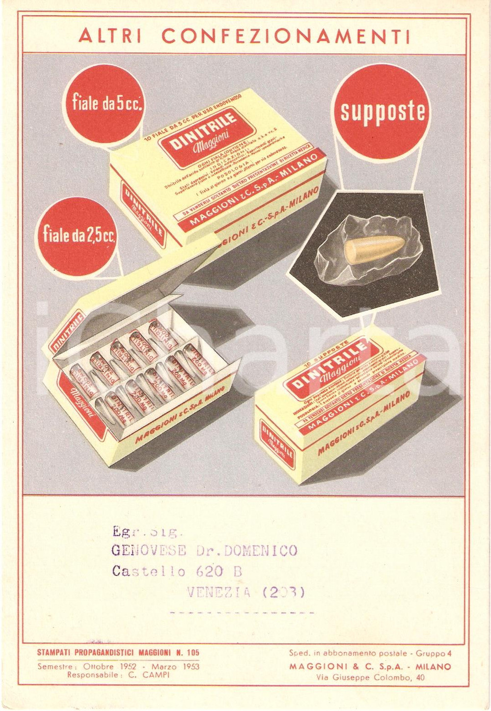 Materiale pubblicitario d’epoca 1952 MILANO Società  MAGGIONI & C. Farmaco DINITRILE Illustrato 1