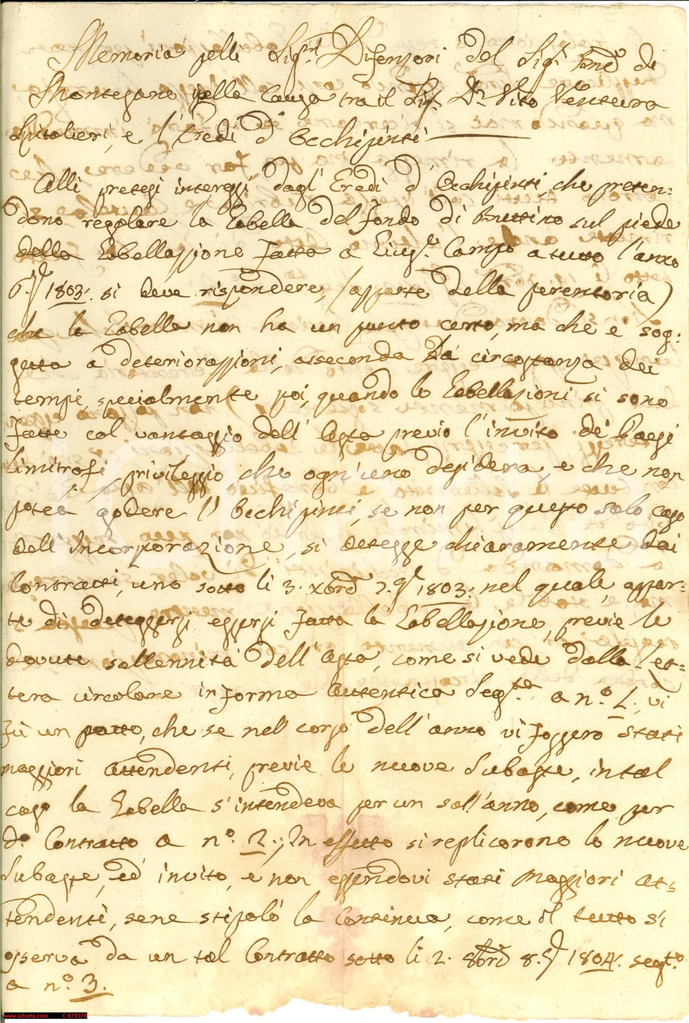 Documento originale, autentico 1803 BRETTINO PU assurde pretese eredi OCCHIPINTI 1