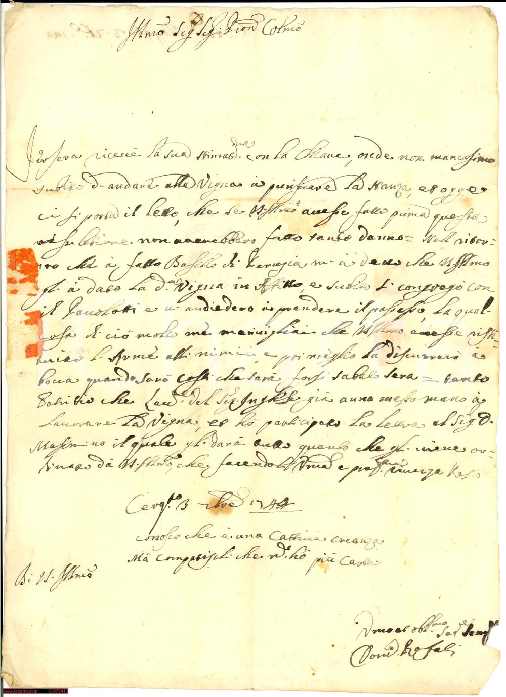 Manoscritto, lettera originale 1744 CERQUETO PG Affitto  della vigna conte Leopoldo SALVATORI Lettera 1