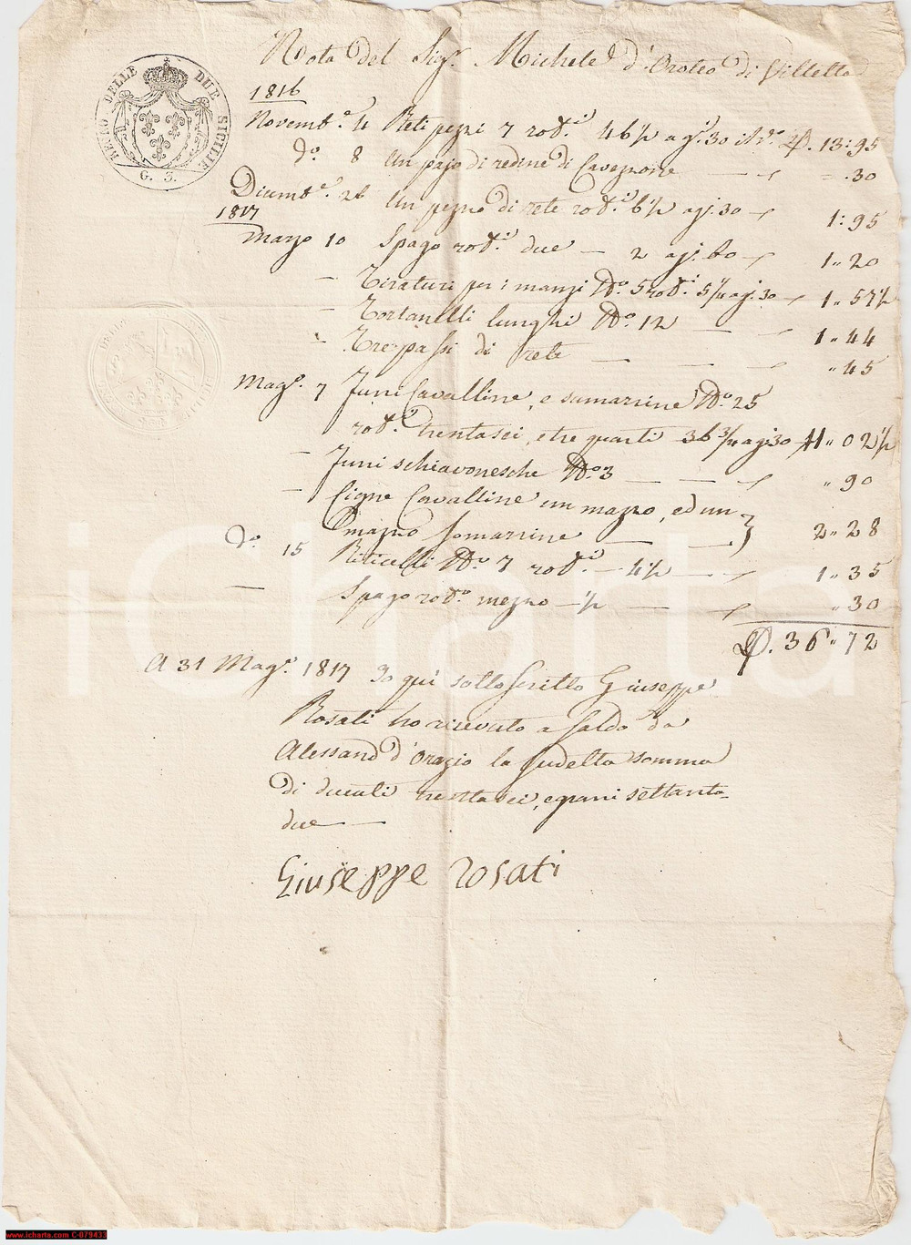 Documento originale, autentico 1817 VILLETTA BARREA AQ Giuseppe ROSATI vende attrezzi 1