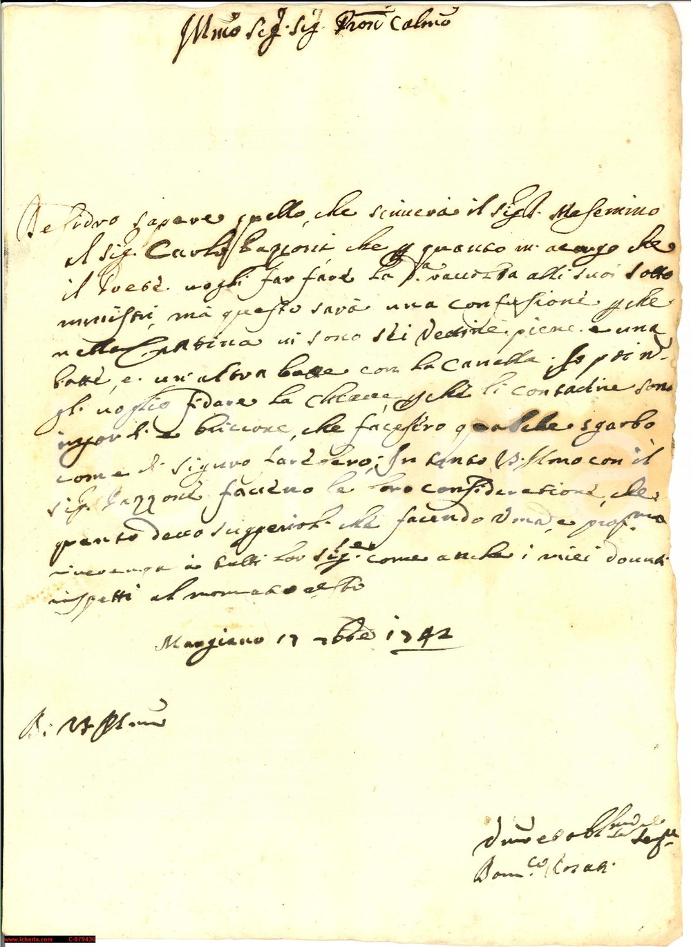 Manoscritto, lettera originale 1742 MARSCIANO PG Li contadini sono ingordi e bricconi Lettera 1