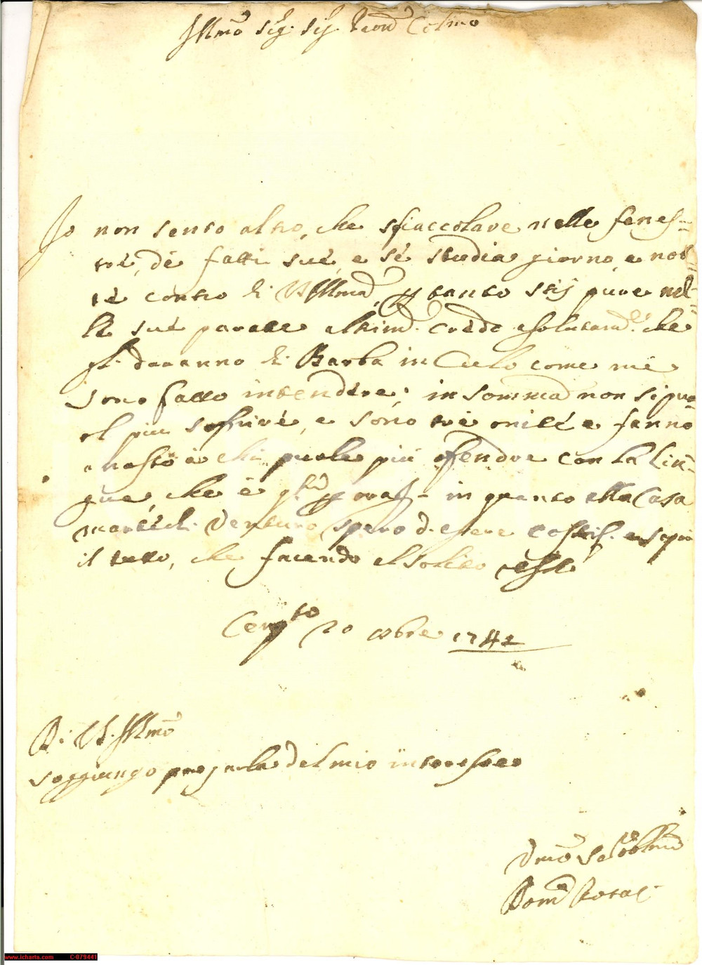 Manoscritto, lettera originale 1742 CERQUETO PG Gara  ...a chi puole piÃ¹ offendere 1