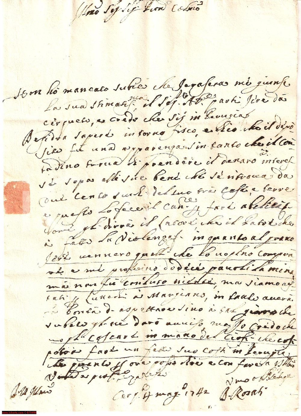 Manoscritto, lettera originale 1742 CERQUETO PG Mancata vendita grano conte SALVATORE 1