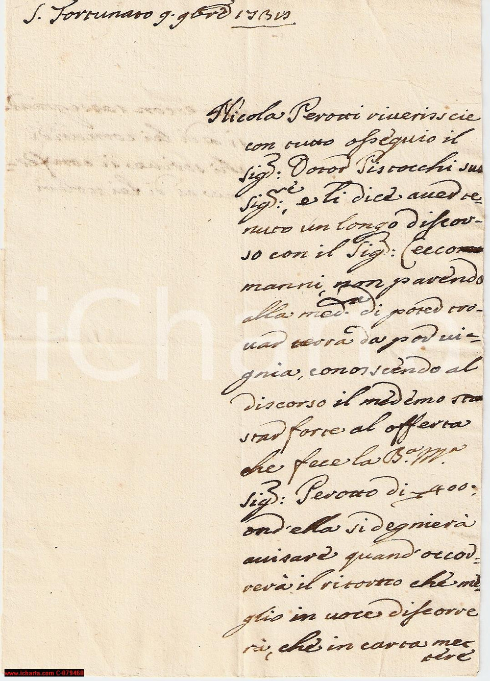 Manoscritto, lettera originale 1738 S. FORTUNATO PG PEROTTI cerca terra da por vigna Lettera 1