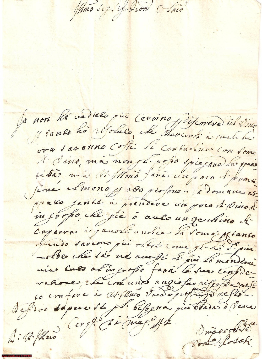 Manoscritto, lettera originale 1742 CERQUETO PG Vino al conte Leopoldo SALVATORI Lettera 1