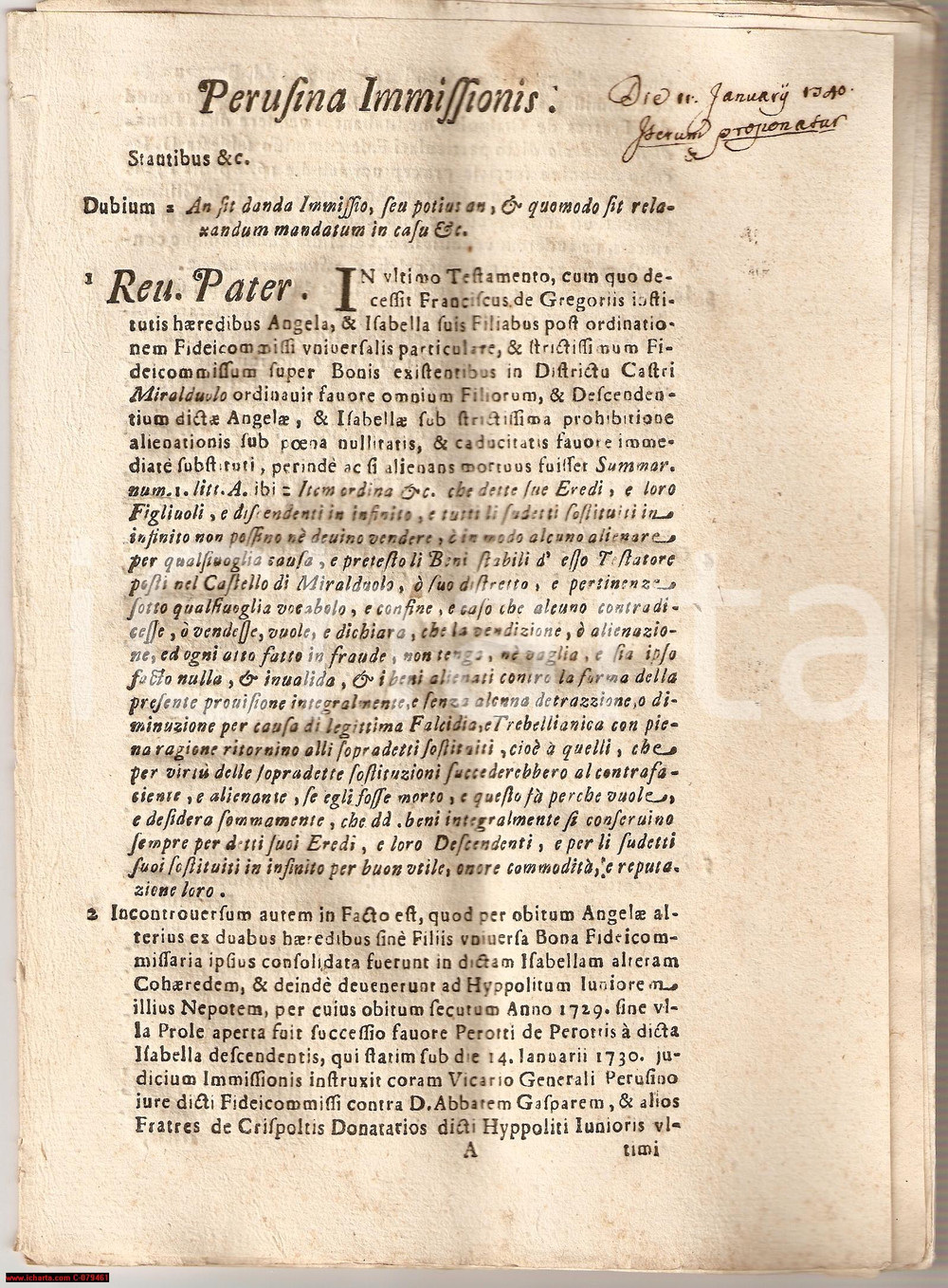 Documento originale, autentico 1740 MIRALDUOLO PG Fedecommesso Francesco DE GREGORI 1