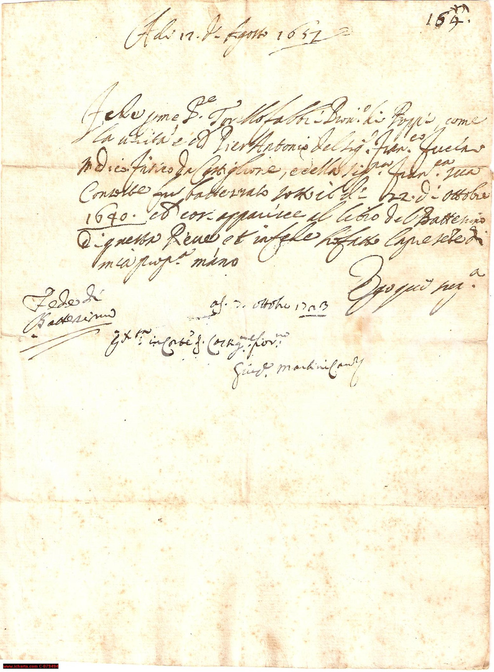 Documento originale, autentico 1657 POPPI  CASTIGLIONE FIORENTINO Fede di battesimo di Pier AntonioFUCINI 1