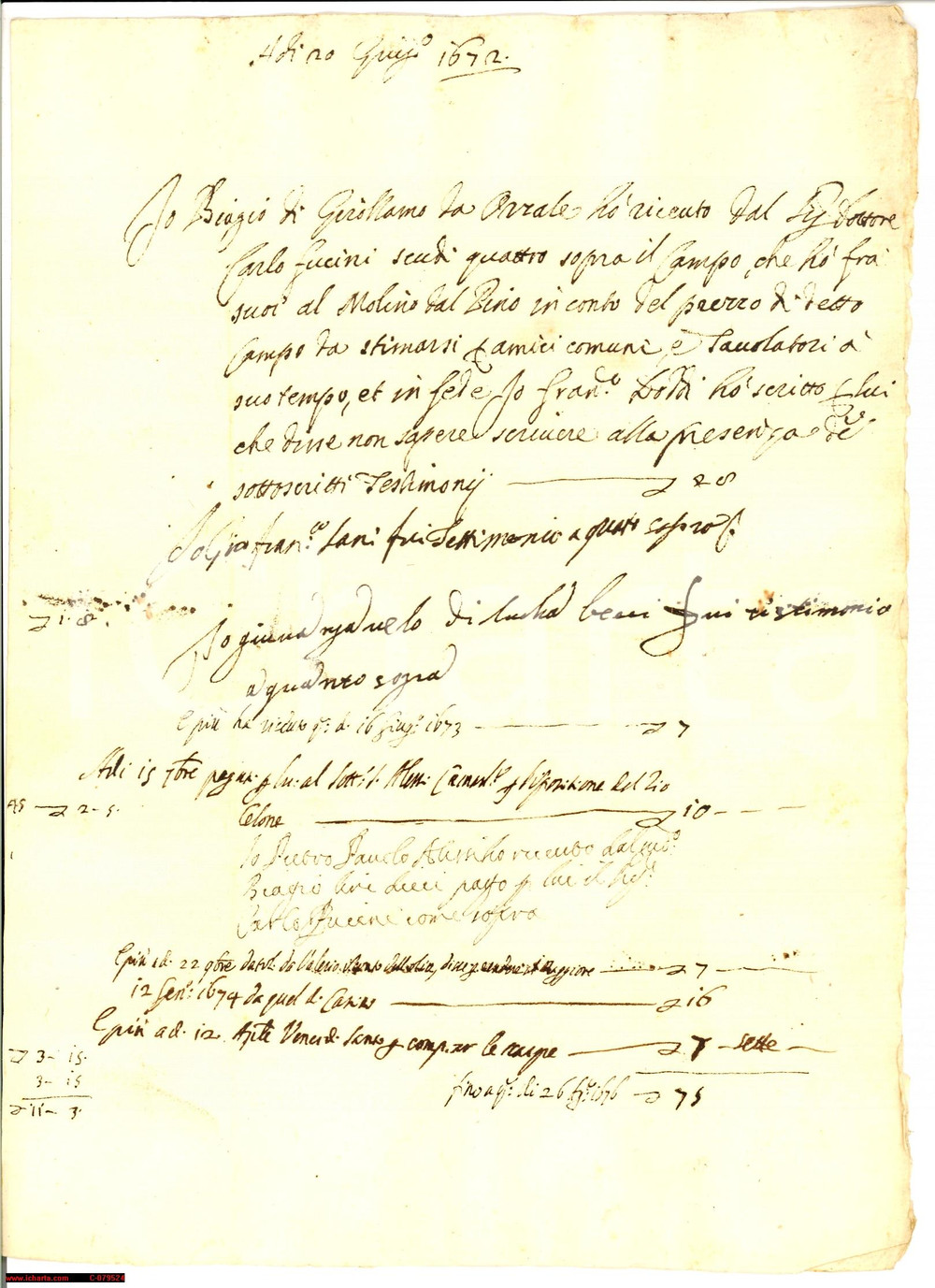 Manoscritto, lettera originale 1672 SANTA LUCIA AR Biagio DI GIROLAMO vende un campo 1