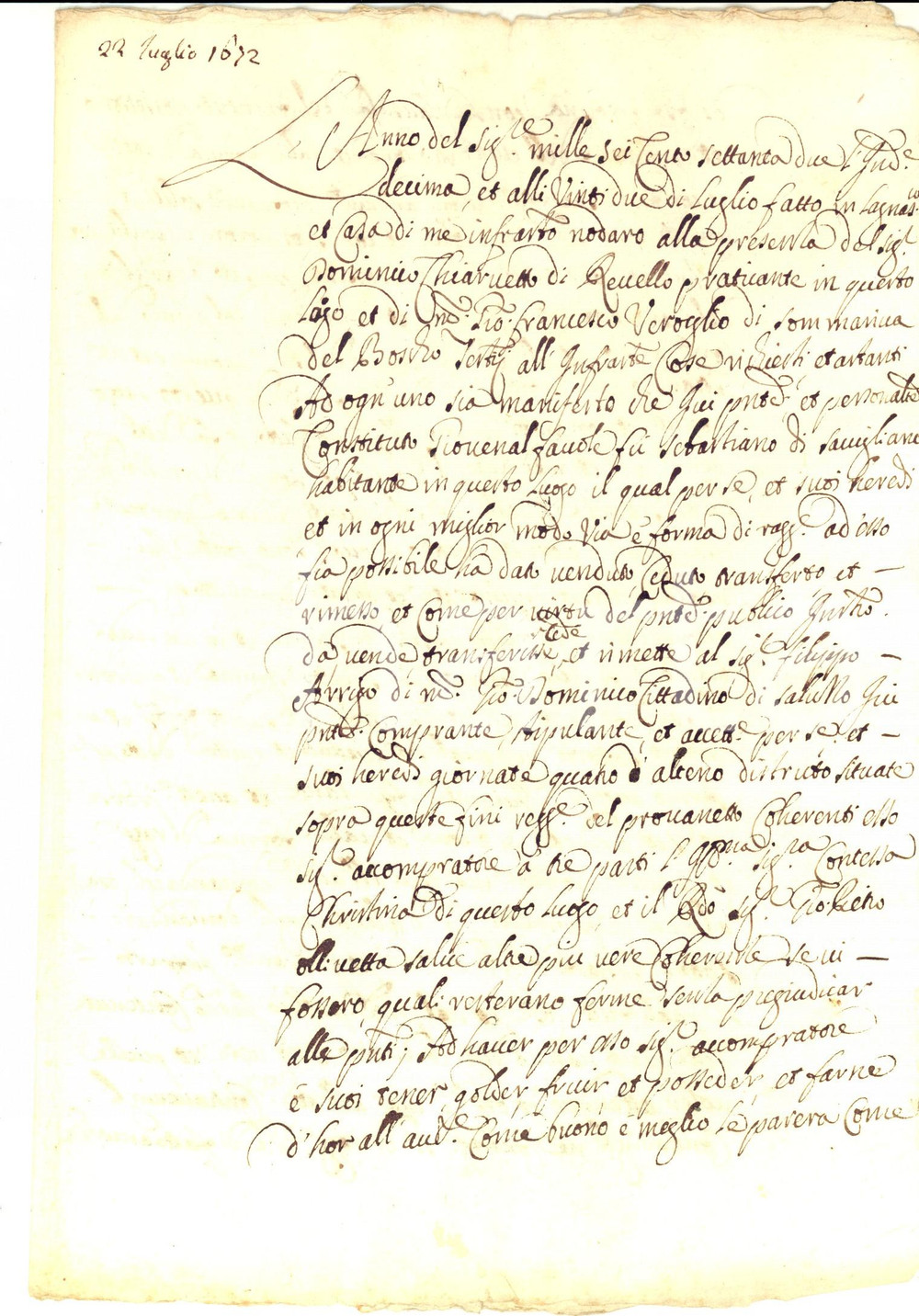 Documento originale, autentico 1672 LAGNASCO CN Filippo ARRIGO acquista terra da Giovenale FAVOLE Manoscritto 1