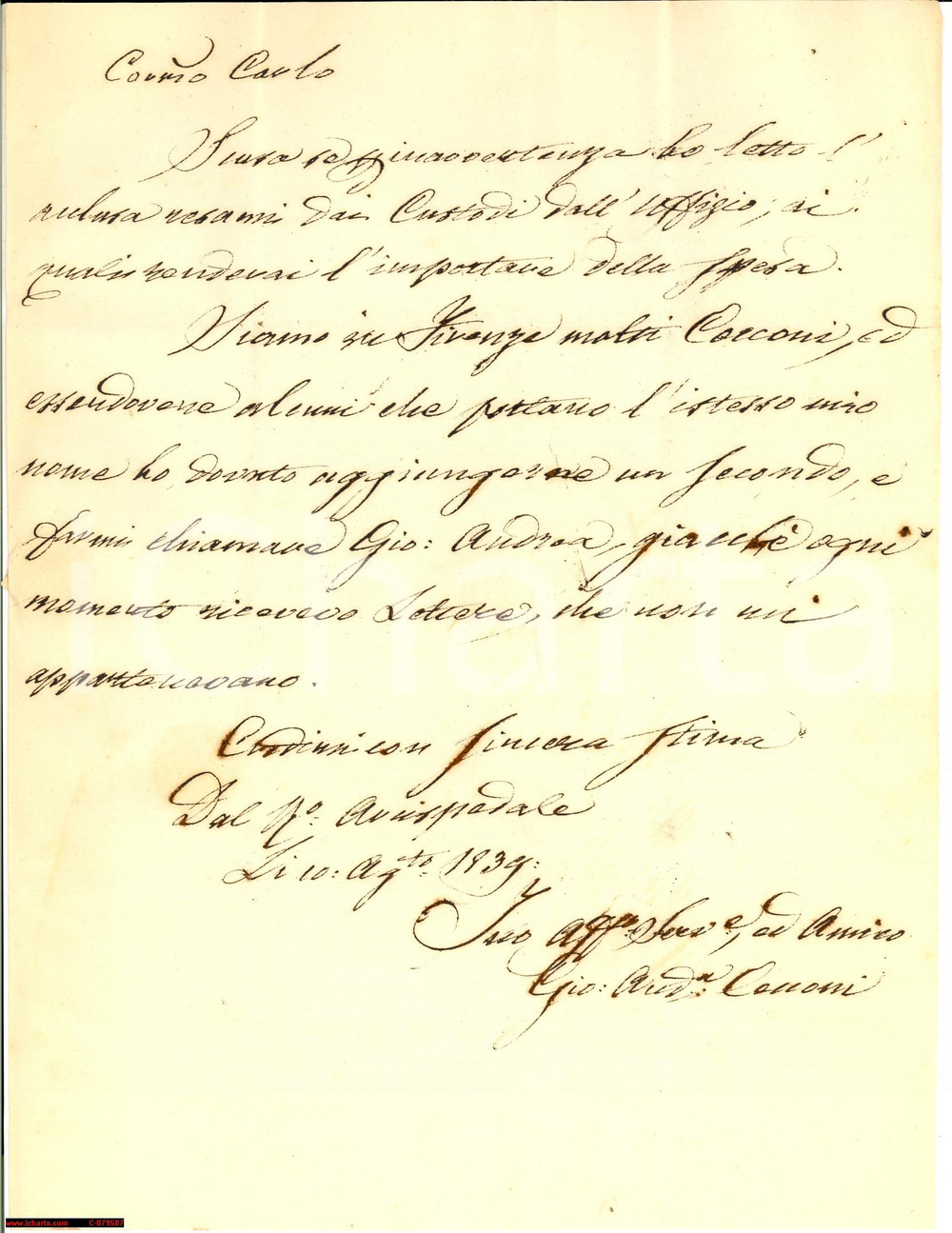 Manoscritto, lettera originale 1839 FIRENZE Andrea CECCONI disguidi postali omonimia 1