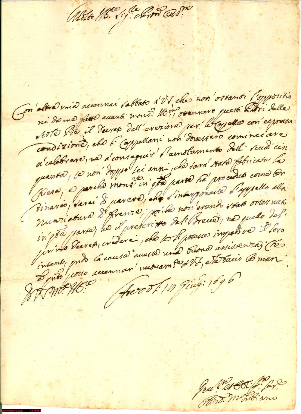 Manoscritto, lettera originale 1696 AREZZO Vincoli sulla cappellania Padri SCUOLE PIE 1