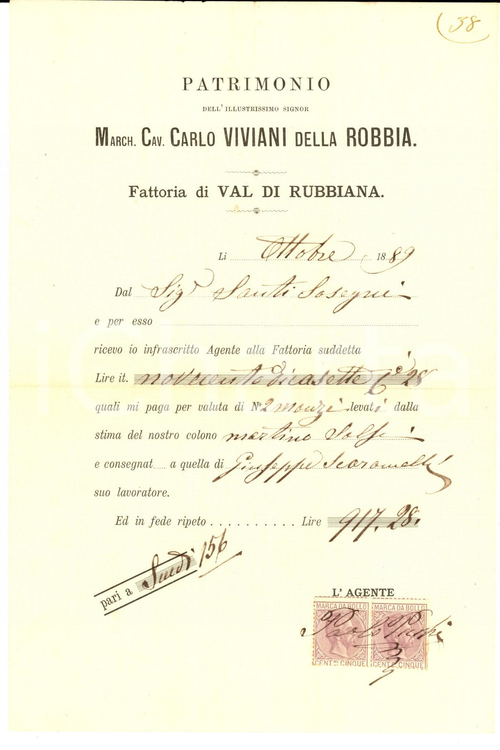 Documento originale, autentico 1889 Fattoria VAL DI RUBBIANA Ricevuta manzi patrimonio VIVIANI DELLA ROBBIA 1