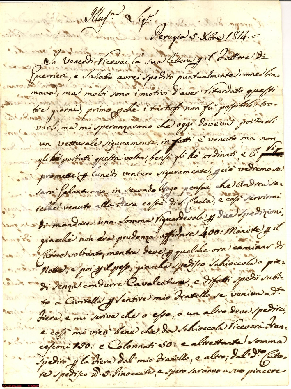 Manoscritto, lettera originale 1814 PERUGIA Rischi viaggi notturni con denaro contante 1