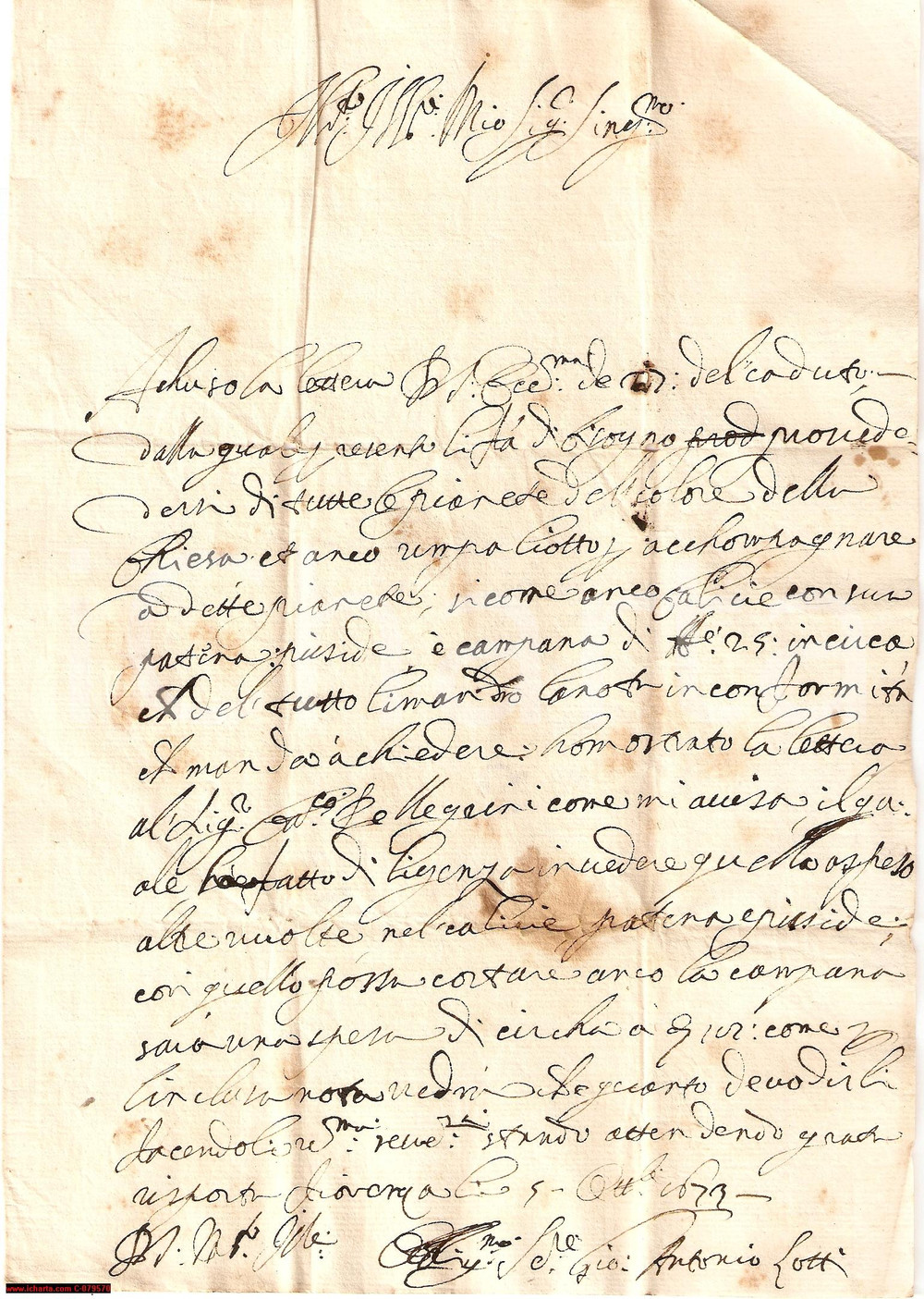 Manoscritto, lettera originale 1673 FIRENZE Pianete e un paliotto color della chiesa 1