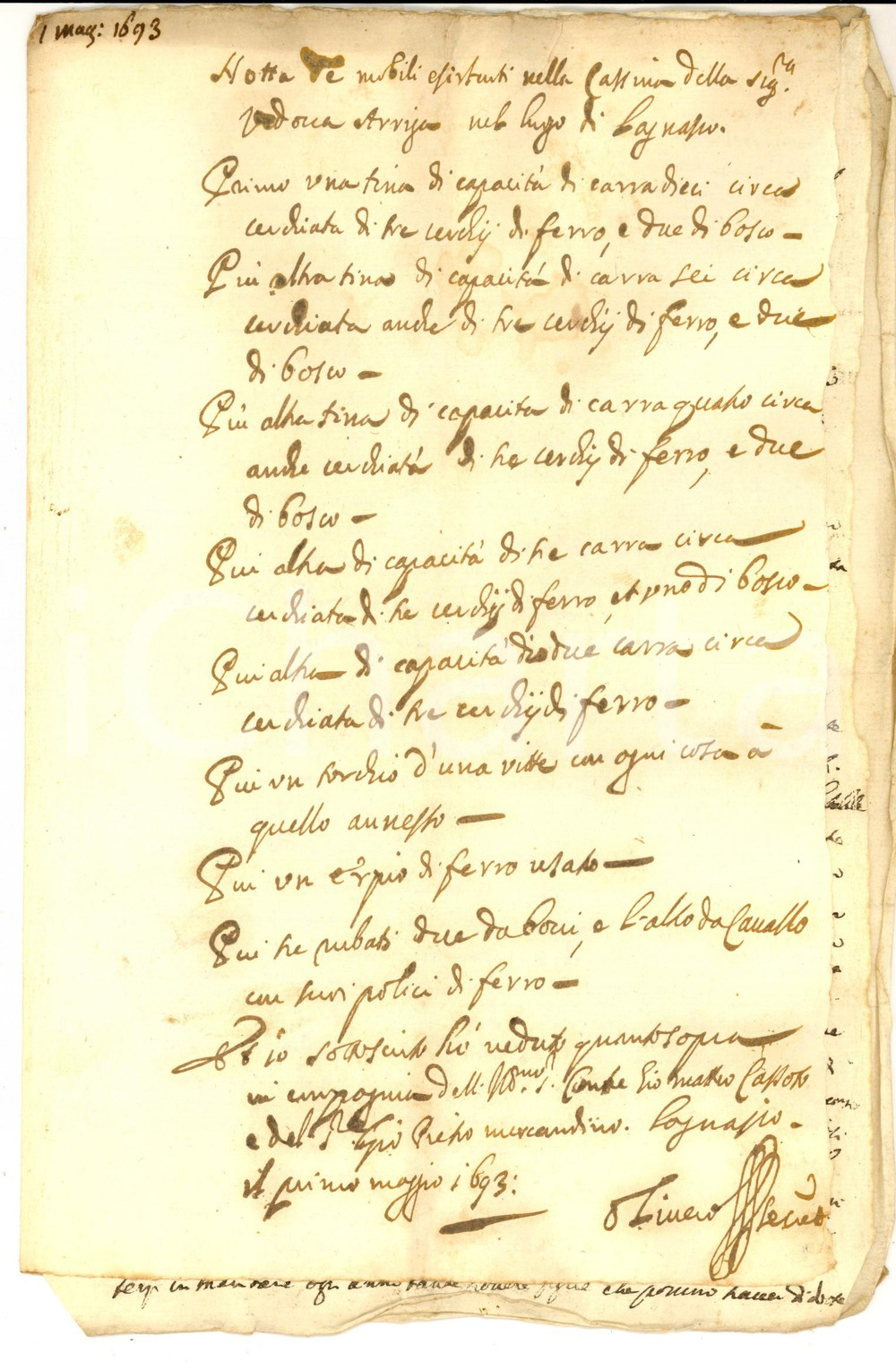 Documento originale, autentico 1693 LAGNASCO CN Inventario beni nella cascina della vedova di Filippo ARRIGO 1