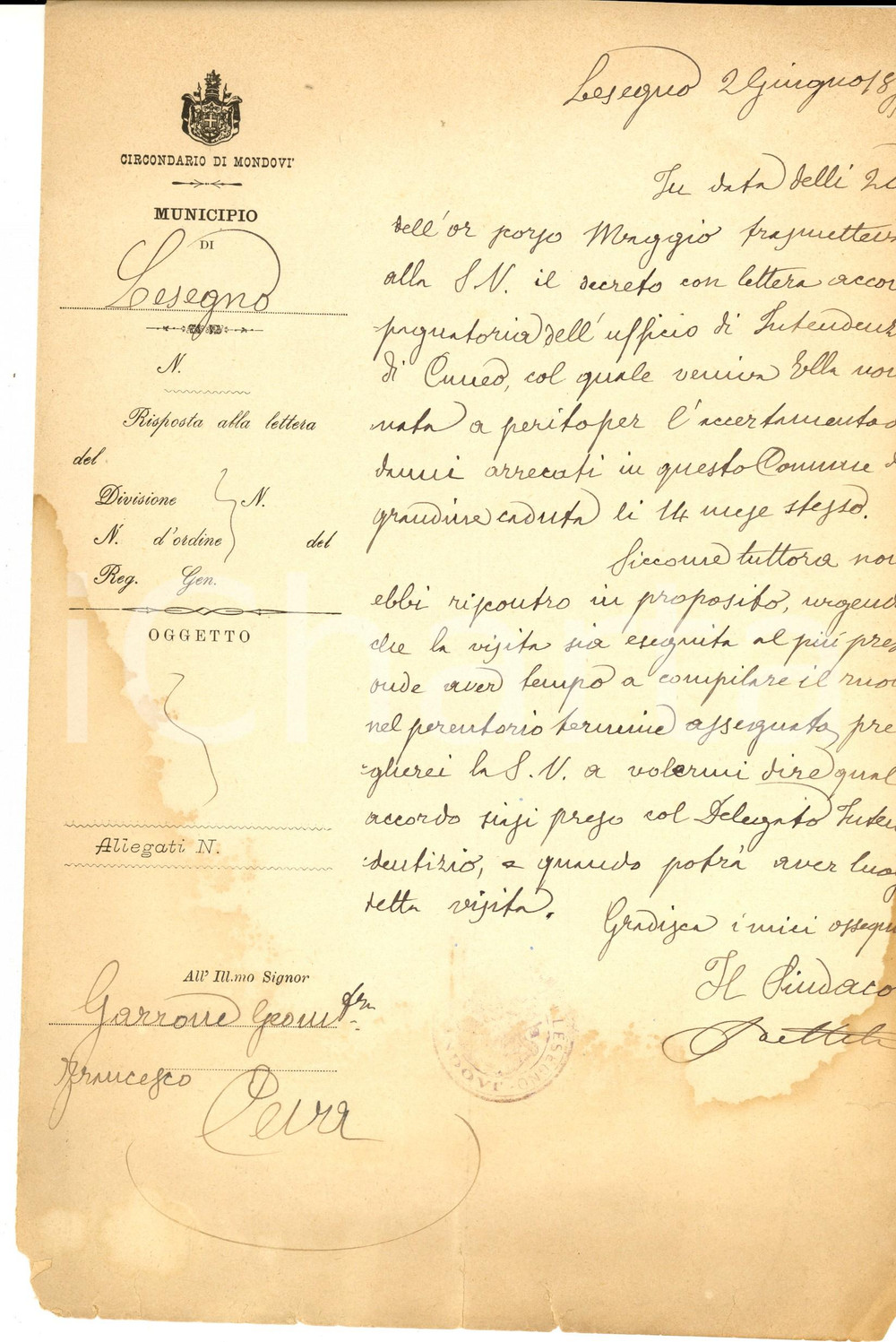Documento originale, autentico 1895 LESEGNO CN Geometra Francesco GARRONE sollecitato per perizia grandine 1